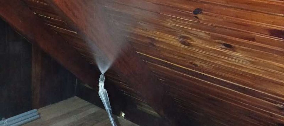 Aspersión de control de plagas en un cielo raso de madera