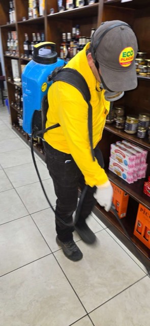Uniformed EcoPlagas technician wearing protective equipment