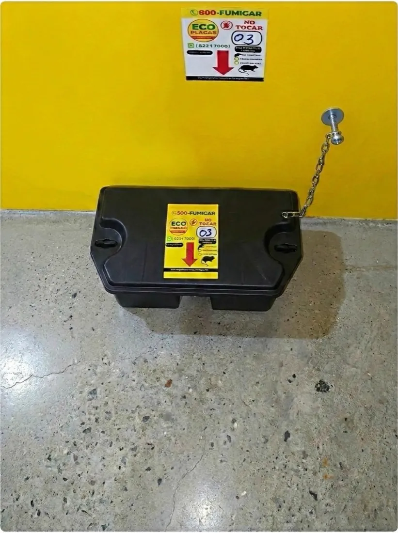 EcoPlagas rodenticide bait box ready to place