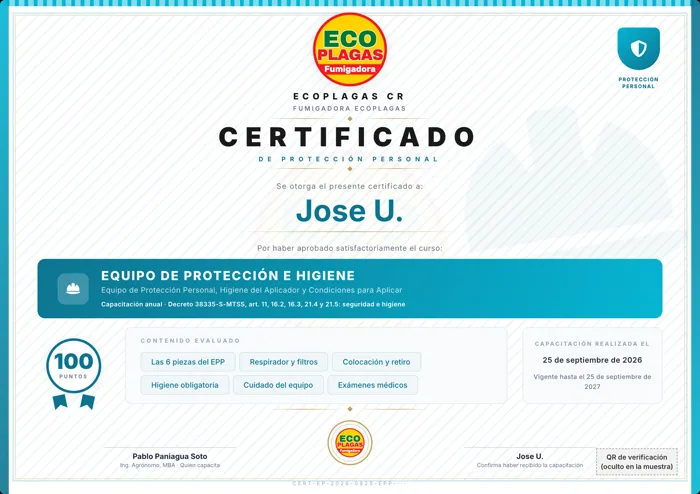 Certificado real del curso Equipo de protección e higiene, con el nombre del técnico abreviado