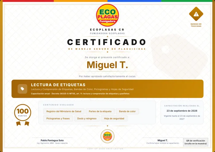 Certificado real del curso Lectura de etiquetas, con el nombre del técnico abreviado