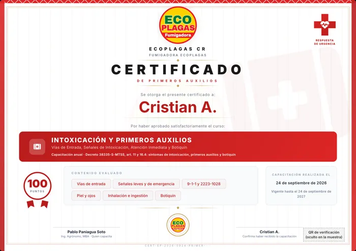 Certificado real del curso Intoxicación y primeros auxilios, con el nombre del técnico abreviado