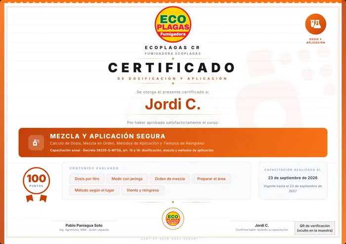 Certificado real del curso Mezcla y aplicación segura, con el nombre del técnico abreviado