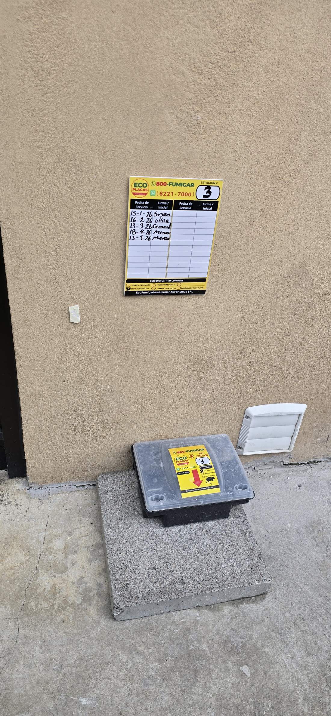 Rodent control station installed by EcoPlagas with monitoring log