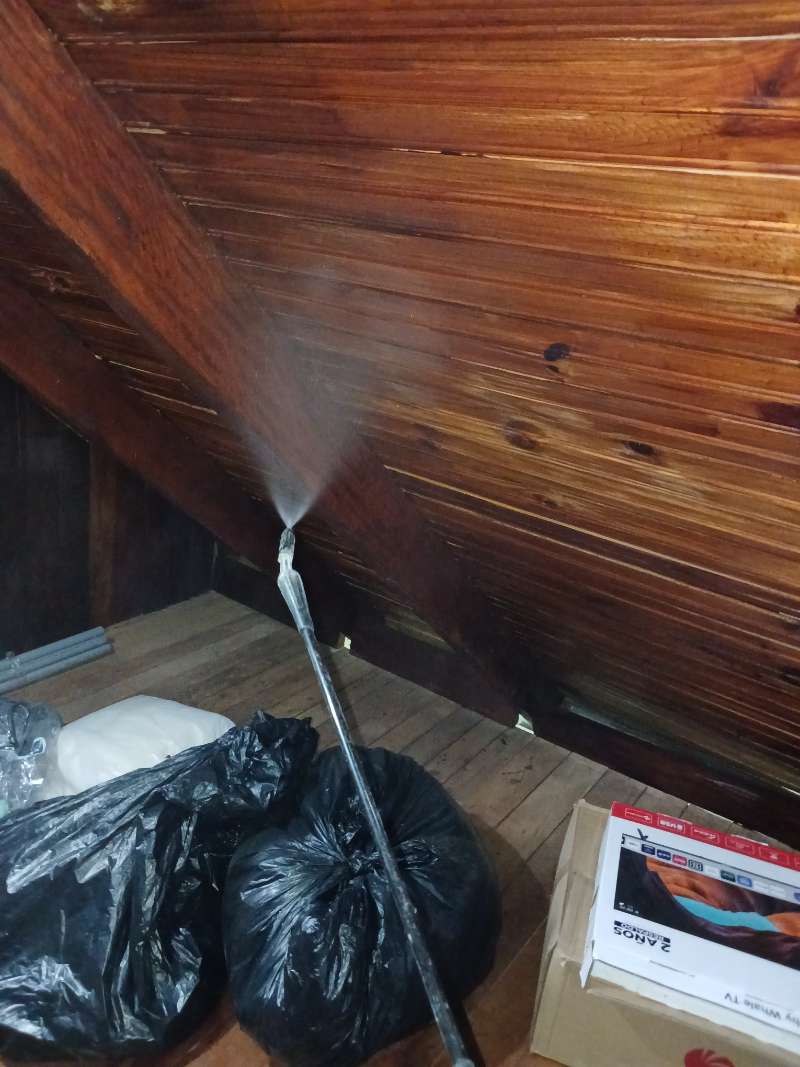 Abanico de aspersión de tratamiento antitermitas sobre un cielo raso de madera