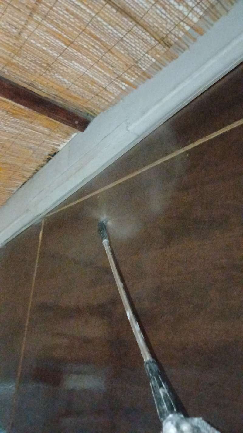 Spray wand treating beams and ceiling