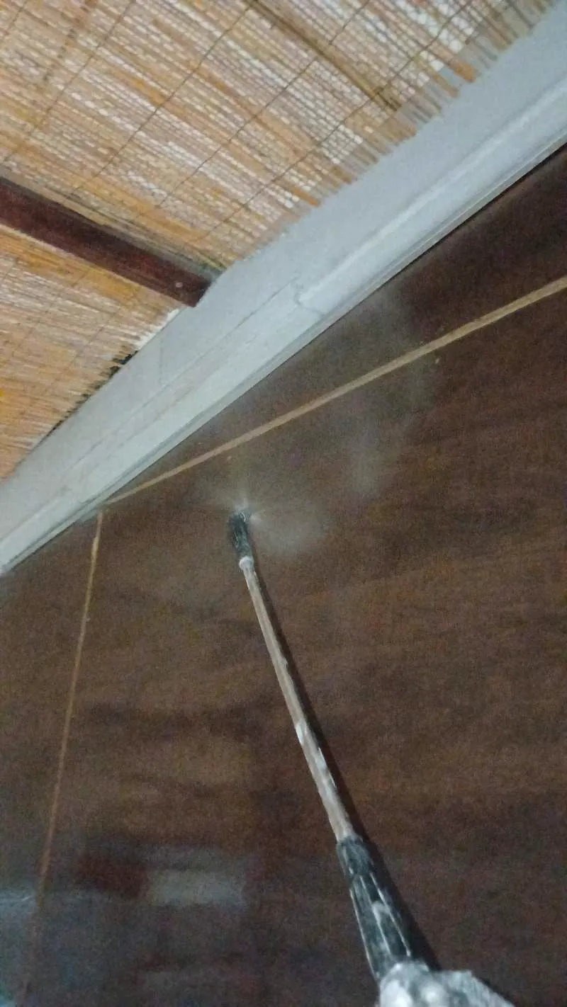 EcoPlagas technician applying treatment to roof beams and corners where spiders nest